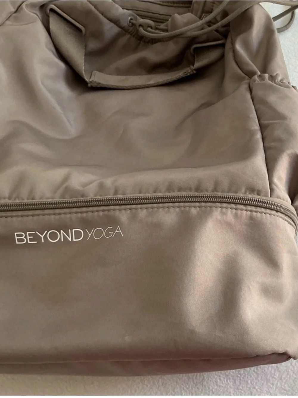 Beyond Yoga Taupe Drawstring Gym Backpack